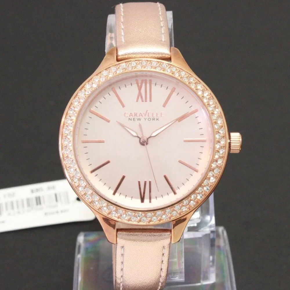 Caravelle Ladies Dress Watch By Bulova Crystal Bezel Dial Rose Gold Tones 38mm